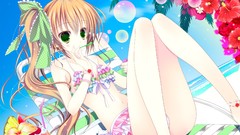 Flowers bubbles blondes anime girls green eyes bikini hair 