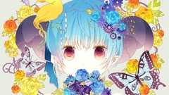 Flowers Butterflies Birds roses blue hair anime girls original 