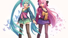 Flowers Butterflies bows skirts pink hair long hair anime girls 