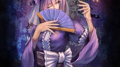 Flowers Butterflies dress hats red eyes fans pink hair anime 