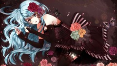 Flowers Butterflies dress hatsune miku vocaloid aqua hair aqua 