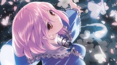 Flowers Butterflies dress red eyes faces bows pink hair anime 