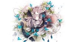 Flowers Butterflies dress white background hats red eyes 