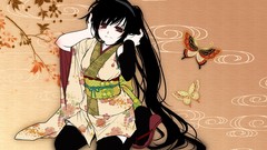 Flowers Butterflies headphones red eyes kimono long hair 