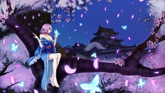 Flowers Butterflies kimono anime girls blue eyes touhou cherry 