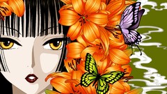 Flowers Butterflies smoke Lilies faces long hair anime girls 