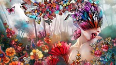 Flowers Butterflies woman abstract multicolor