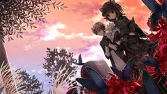 Flowers Butterflies woman Anime red eyes nekomimi animal ears