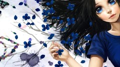 Flowers Butterflies woman children long hair blue eyes black 