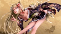 Flowers Butterflies woman lips kimono legs blondes long hair 