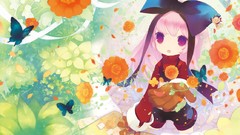Flowers Butterflies woman Ribbons pink hair anime girls purple 