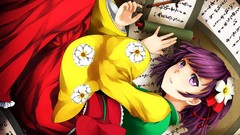 Flowers calligraphy Brushes Ribbons anime girls short hair 