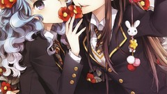 Flowers Cameras anime girls green eyes brunettes school 