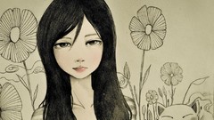 Flowers cats anime girls brunettes