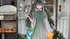 Flowers cats dress houses buildings outdoors long hair anime 