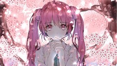 Flowers cherries pink hair pink eyes hatsune miku bangs 