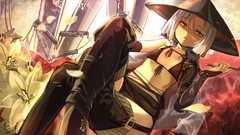 Flowers chest white hair stockings anime girls boots short hair 