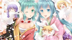 Flowers Chibi kimono bows blush long hair goggles bandages 