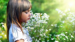 Flowers children bouquet white flowers closed eyes white clothes