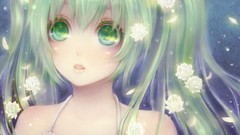 Flowers close-up dress lips faces long hair green eyes white 