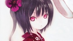 Flowers close-up white background red eyes faces kimono short 