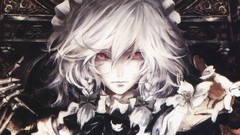 Flowers close-up white hair red eyes faces bows skeletons anime 