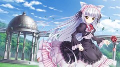 Flowers clouds Anime dress white hair Ribbons long hair yellow 