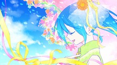 Flowers clouds Anime Ribbons blue hair hatsune miku vocaloid
