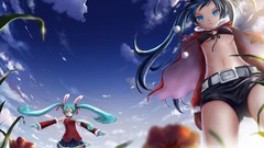 Flowers clouds Anime Shorts gloves long hair blue eyes hatsune 