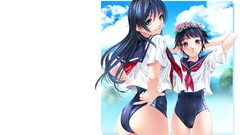 Flowers clouds ass navel schoolgirls blush long hair anime 