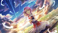 Flowers clouds Birds feathers dress Swords anime girls skies 