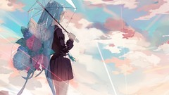 Flowers clouds bouquet close-up back Umbrellas schoolgirls 