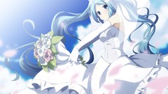 Flowers clouds bouquet dress gloves veil blue hair long hair 