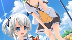 Flowers clouds Butterflies red eyes buildings anime girls blue 