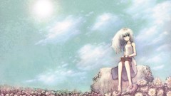 Flowers clouds dress white hair barefoot aqua eyes