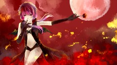 Flowers clouds moon roses wings red eyes gloves coat pink hair 