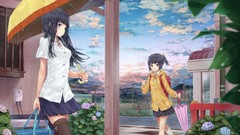 Flowers clouds rain sky Umbrellas anime girls school uniforms 