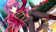 Flowers clouds red Anime bow stockings long hair anime girls 