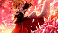 Flowers clouds Ribbons red dress bows blondes skirts anime 
