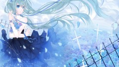 Flowers clouds roses cross mill dress fences blue hair long 