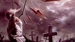 Flowers clouds roses wings cross crystals dress cemetery 