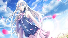 Flowers clouds white hair skirts smiling long hair anime girls 