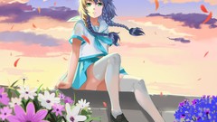 Flowers clouds wind tears sitting schoolgirls stockings skirts 