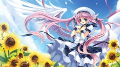 Flowers clouds wings Ribbons pink hair long hair anime girls 