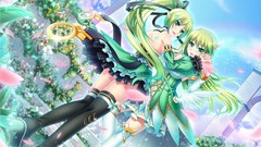 Flowers clouds wings skirts long hair anime girls green eyes 