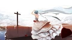 Flowers cross ruins dress back blue hair long hair white dress 