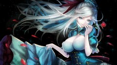 Flowers dark woman roses dress hats white hair long hair anime 