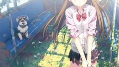 Flowers Dogs anime girls brown eyes brunettes school uniforms 
