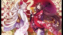 Flowers Dragons Umbrellas white hair red eyes kimono fans 
