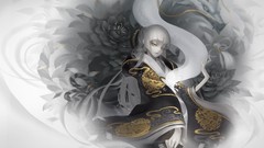 Flowers Dragons white hair kimono fans anime girls yellow eyes 